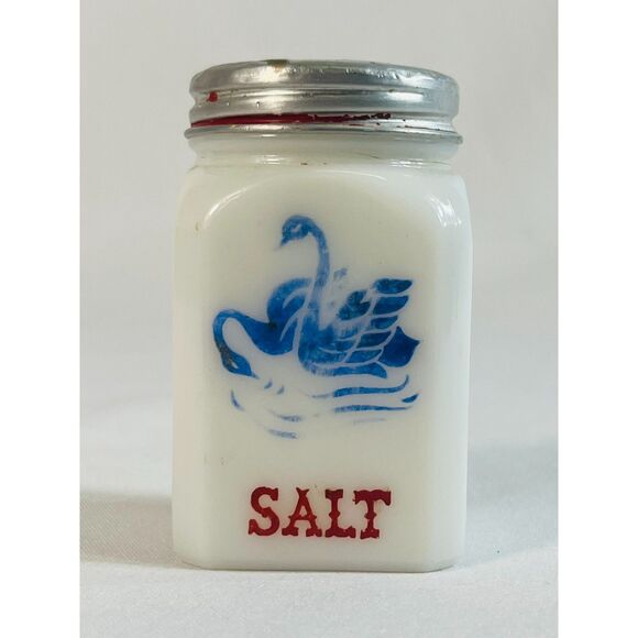 Vintage McKee Blue Swans Salt Shaker White Milk Glass Made in USA - Picture 1 of 8
